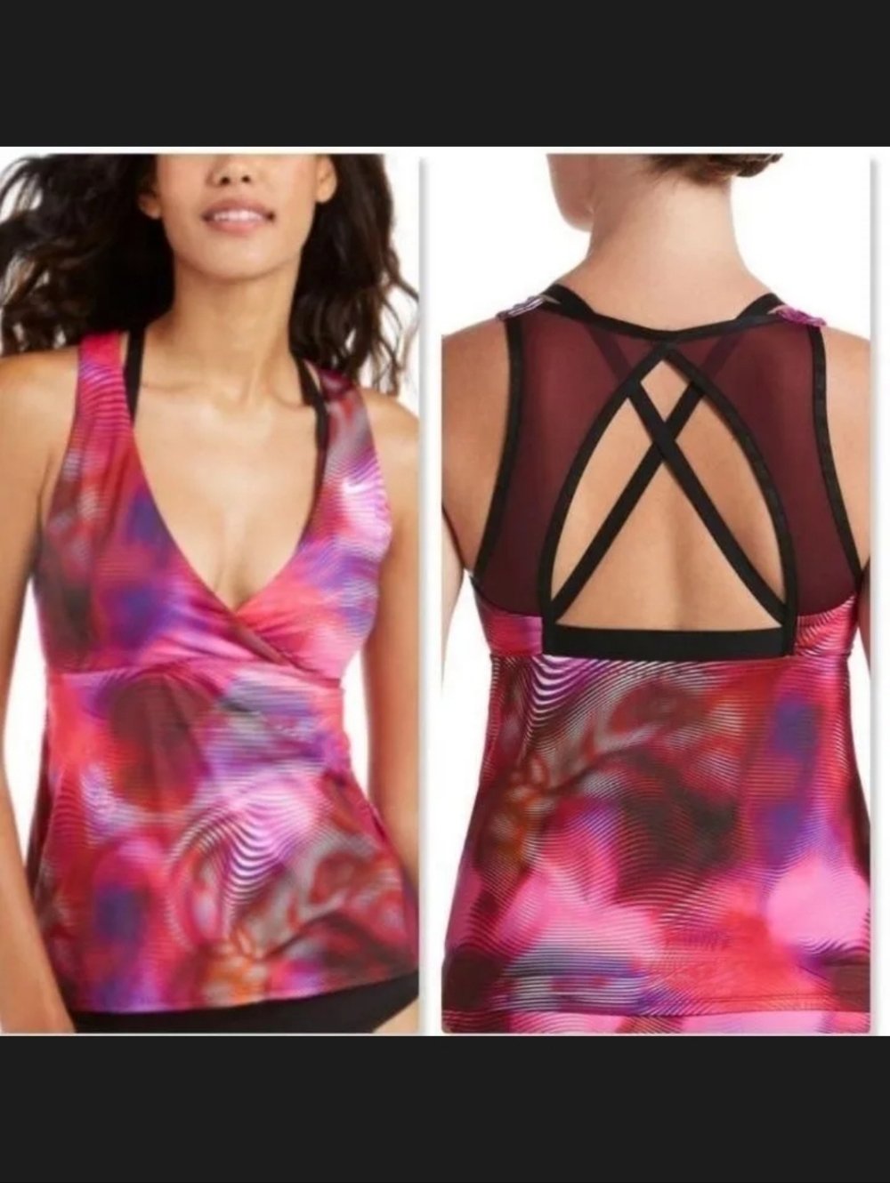 NWT Nike Tankini Villain Red Shift Printed Layered Cross-Back Small Top Swimsuit